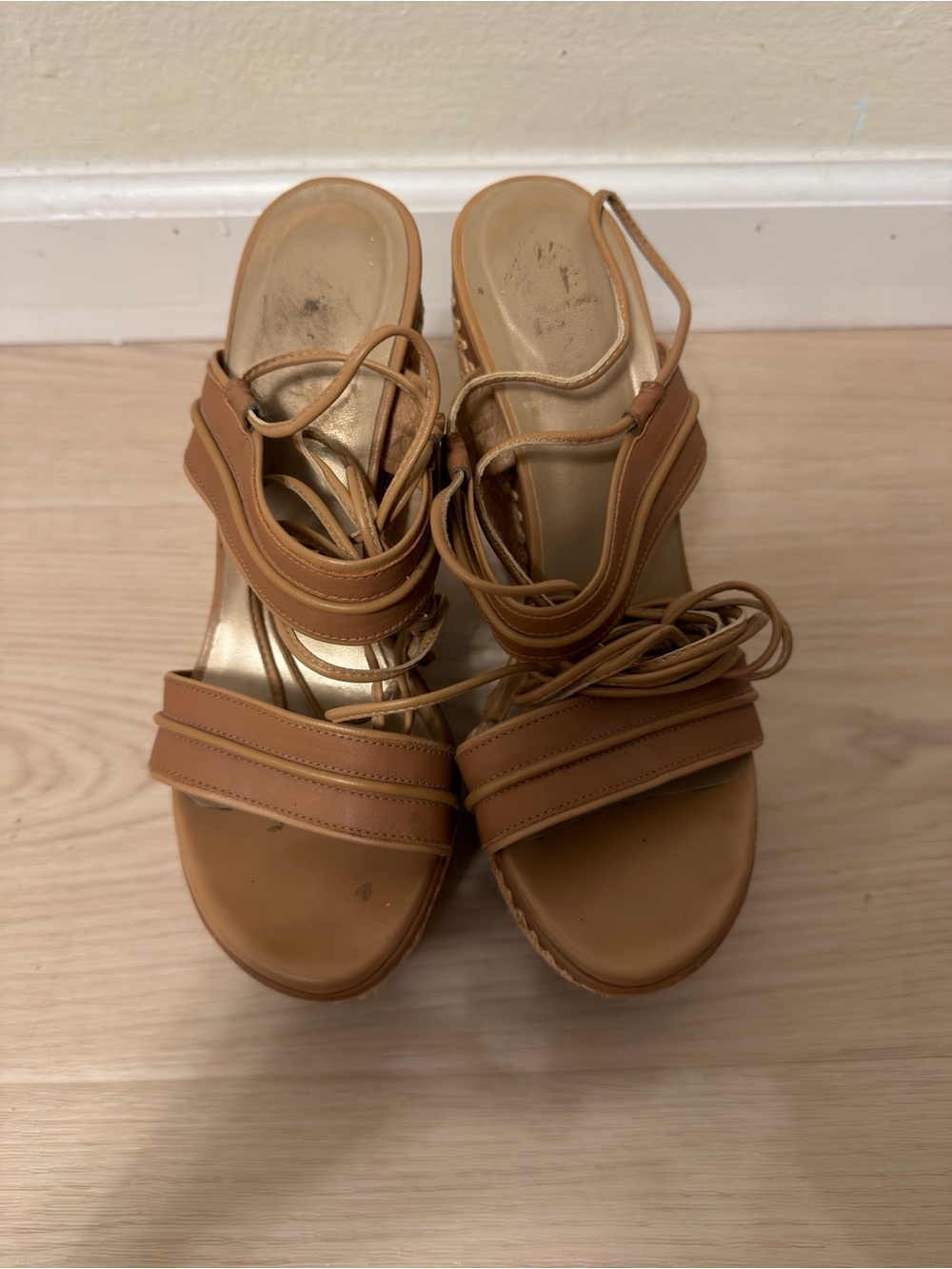 Stuart Weitzman Tan Lace-Up Wedge Sandals